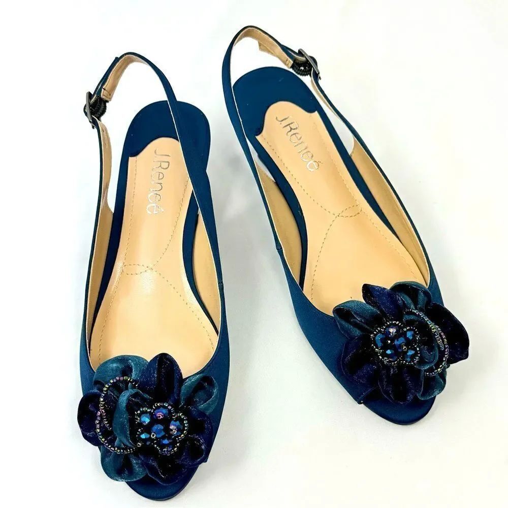 J. Renee LEONELLE Navy Blue Sparkle Bead Flower Open Toe Slingback Strap Heels